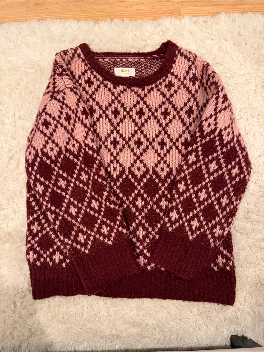 Maeve Pink and Burgundy Fair Isle Crewneck Sweater